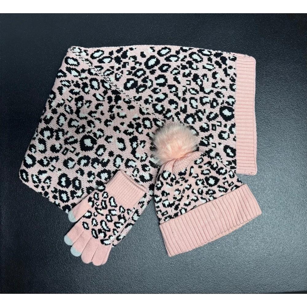 Women's Scarf, Hat and Glove Set, Pink‎ and Black Leopard Print